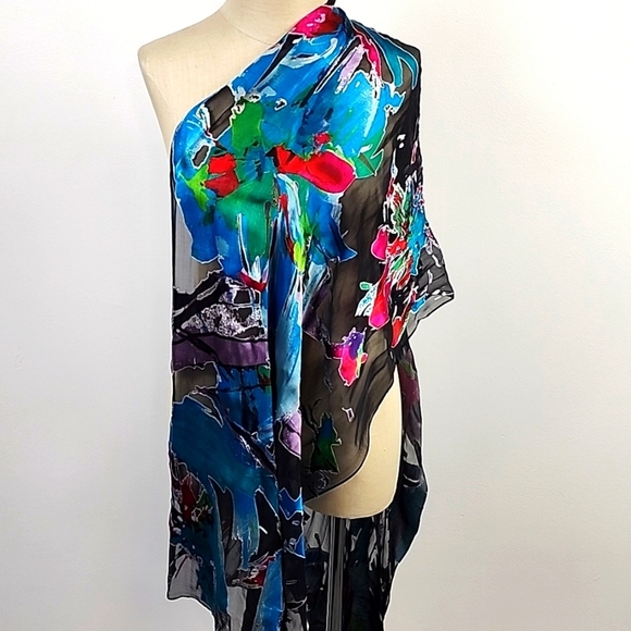 CYNTHIA ROWLEY Silk Scarf Black Chiffon Turquoise Pink Blue Design, sz 20"x74" - Picture 1 of 9